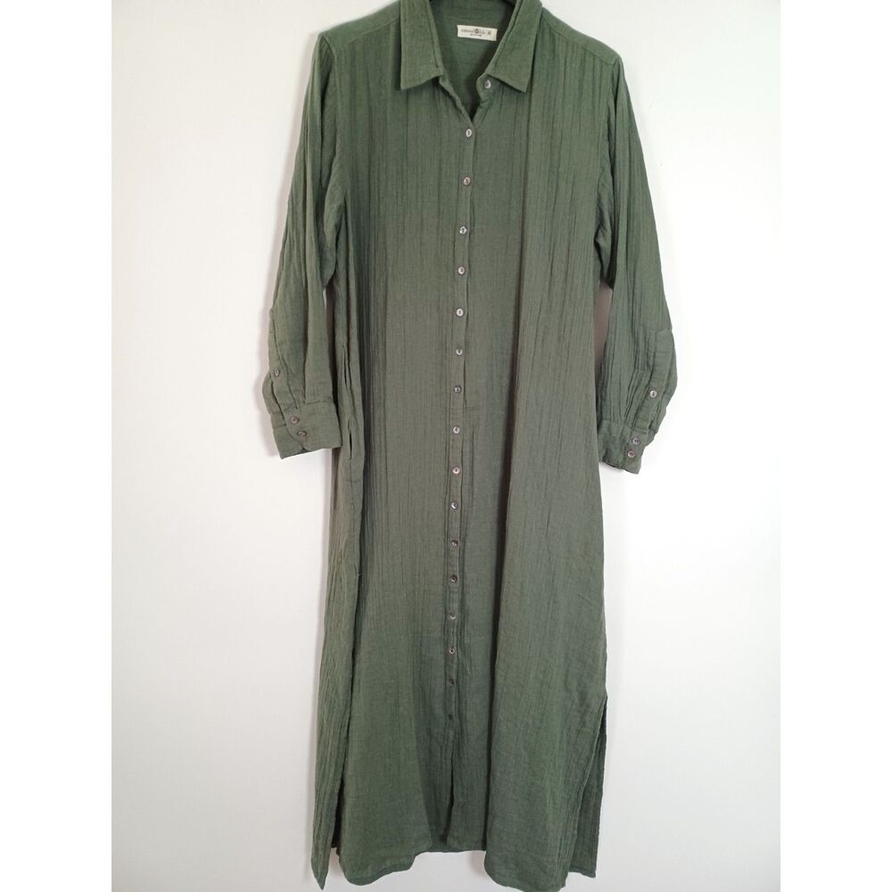 Natural Life Crinkle Gauze Maxi Shirt Dress Button Front Medium Army Green